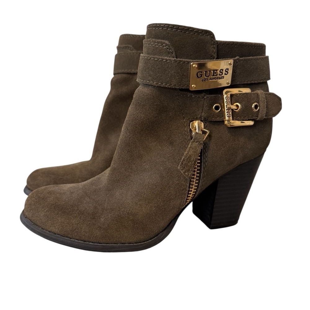 GUESS Women's Army Olive Green Ankle Boots Size 5.5 with Gold Accent Zippers - Picture 1 of 16